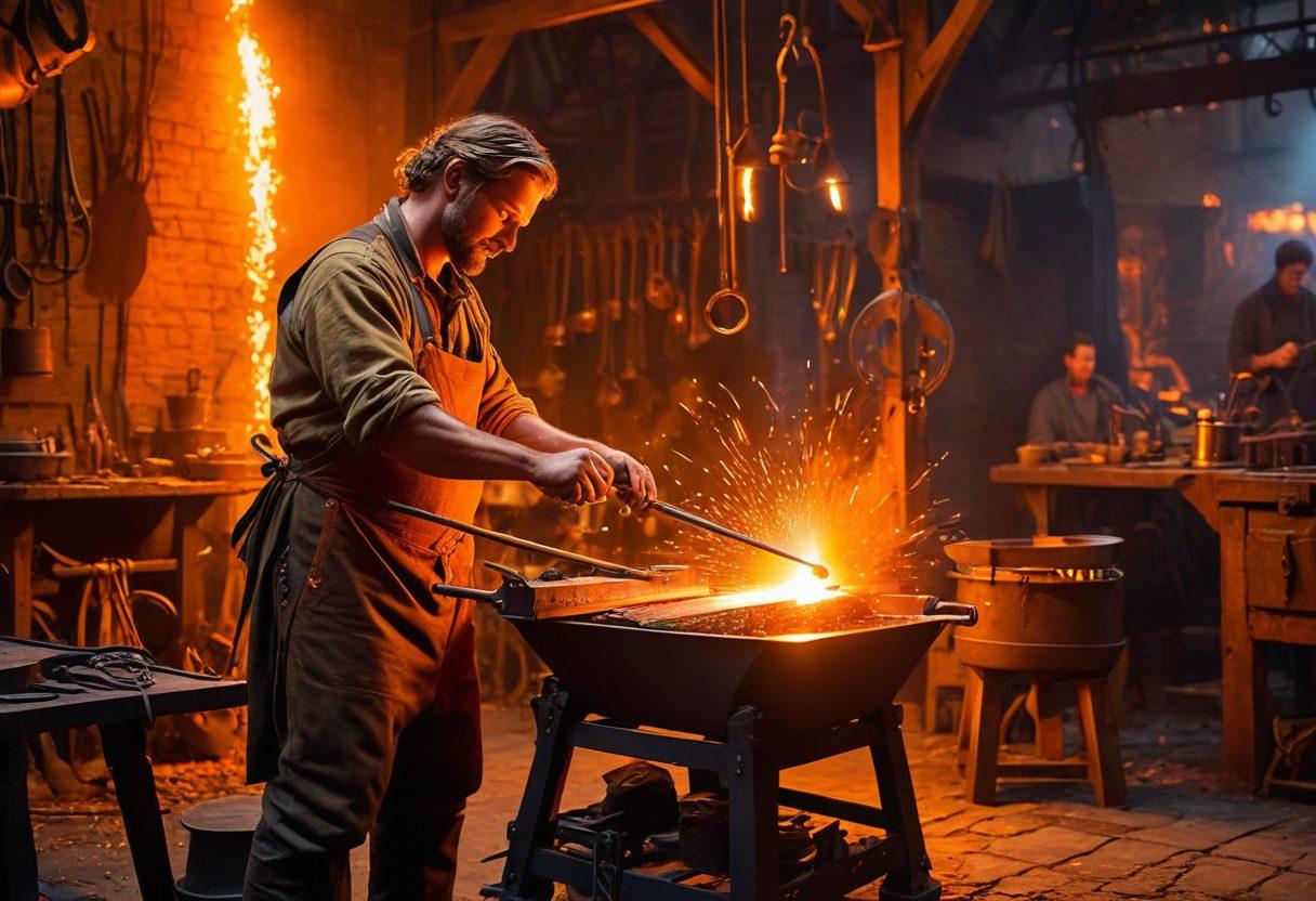 A captivating scene showcasing a blacksmith shaping molten metal into intricate musical instruments, with glowing orange sparks flying around. In the background, a stage is set with enchanting lighting and silhouettes of musicians ready to perform, blending craftsmanship and artistry. The atmosphere is vibrant and alive with creativity. super-realistic. vibrant colors. dramatic lighting.