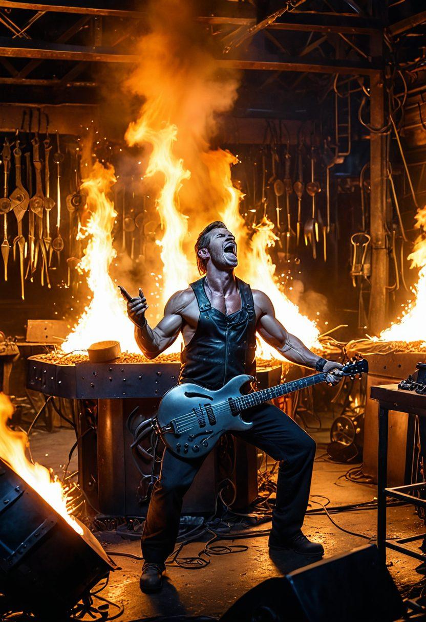 An intricate blend of a blacksmith's forge and a heavy metal concert scene, featuring molten metal pouring into molds shaped like musical instruments. In the foreground, a passionate musician screams into a microphone, surrounded by glowing sparks and shadows of metalworkers creating sculptures. The backdrop showcases a vibrant stage with electrifying lights and a rocking crowd, merging the worlds of metallurgy and music seamlessly. super-realistic. vibrant colors. dynamic lighting.