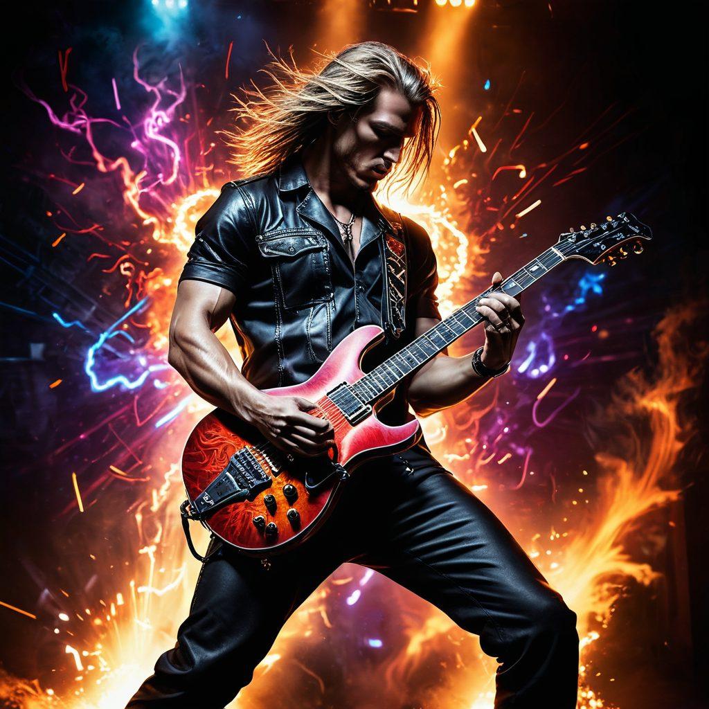 A dynamic scene showcasing a heavy metal guitarist on stage, surrounded by vibrant energy with musical notes swirling around, metallic elements like gears and anvils representing metallurgy in the backdrop. The atmosphere is filled with electric colors and lights, creating an intense vibe that captures the essence of heavy metal music. The image should evoke a sense of power and creativity. super-realistic. vibrant colors. 3D.